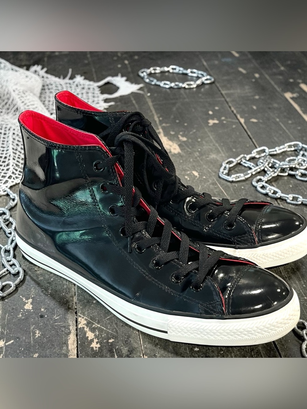 Converse Chuck Taylor High Top Glossy Patent Style Sneakers Black Red Mens 11